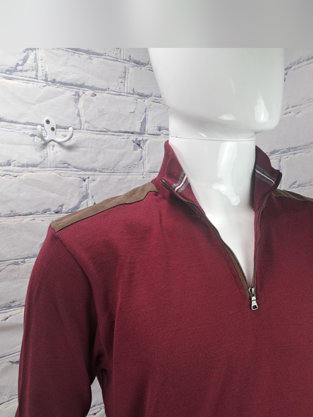 Paul & Shark Yachting Half Zip Sweater Merino Wool Suede Leather Italy Large - Picture 5 of 14